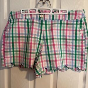 crown & ivy “Shelby”  Pink, Green, White and Blue Plaid Scallop Hem Shorts